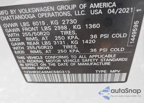2021 Volkswagen Atlas 3.6L V6 Se W/Technology из США, поврежденный, VIN 1V2HR2CA9MC580313